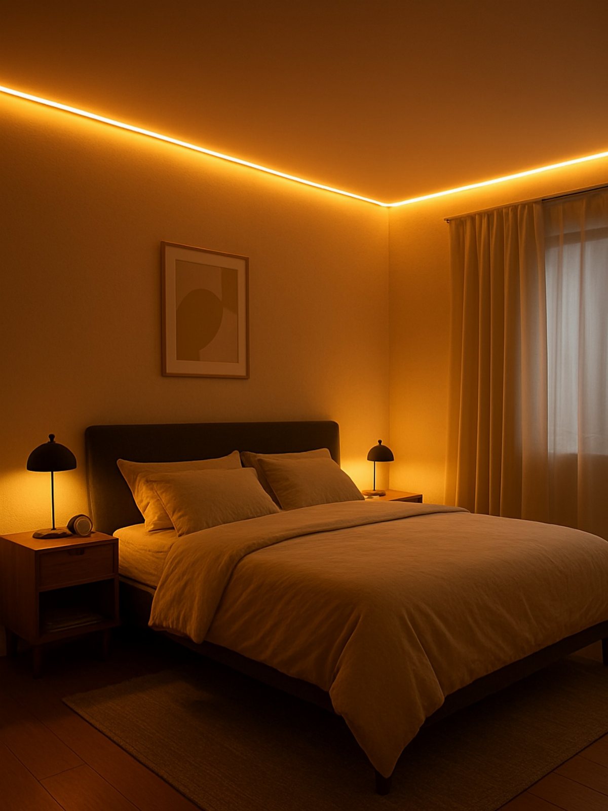 Warmly lit bedroom with ceiling LED strips, bedside lamps, and a large bed with neutral bedding.