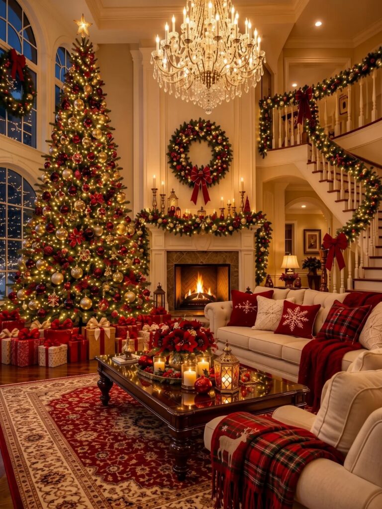 Decorated living room featuring a tall Christmas tree, fireplace with garland, and festive red and white pillows.