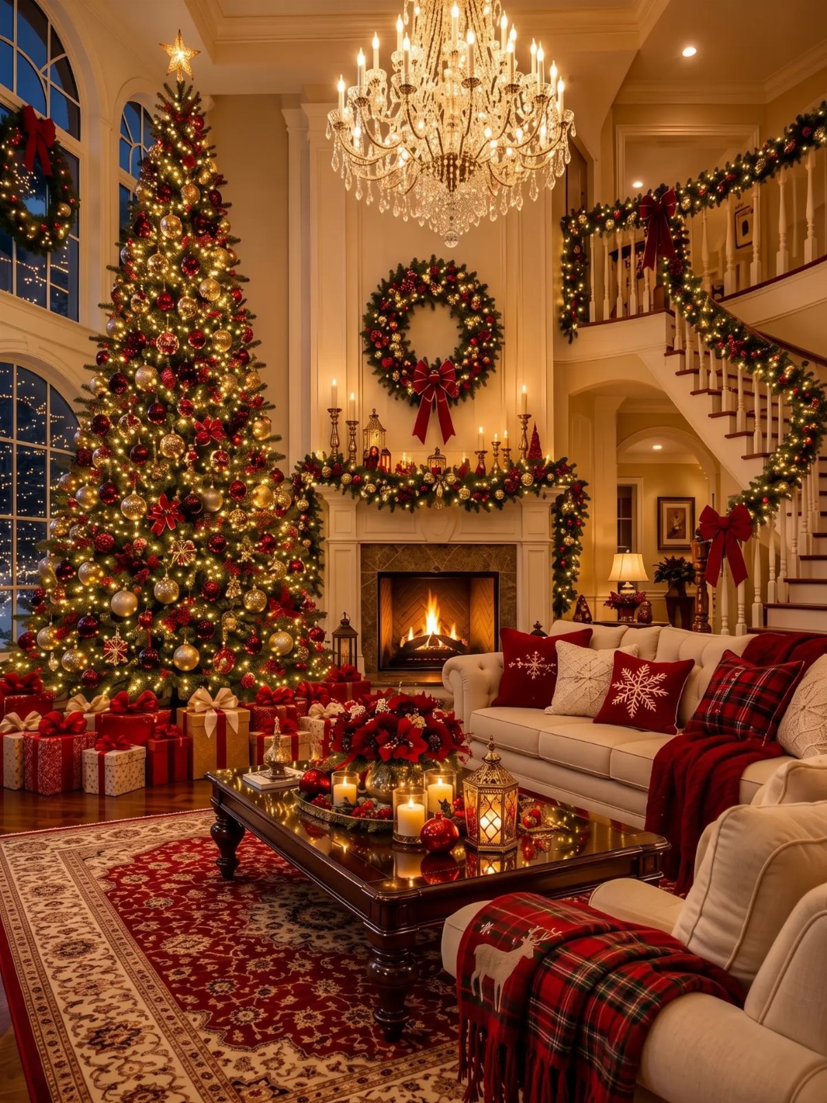 Decorated living room featuring a tall Christmas tree, fireplace with garland, and festive red and white pillows.