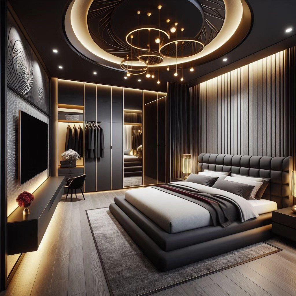 Luxurious modern bedroom with a large tufted bed, designer lighting, and dark paneled walls.