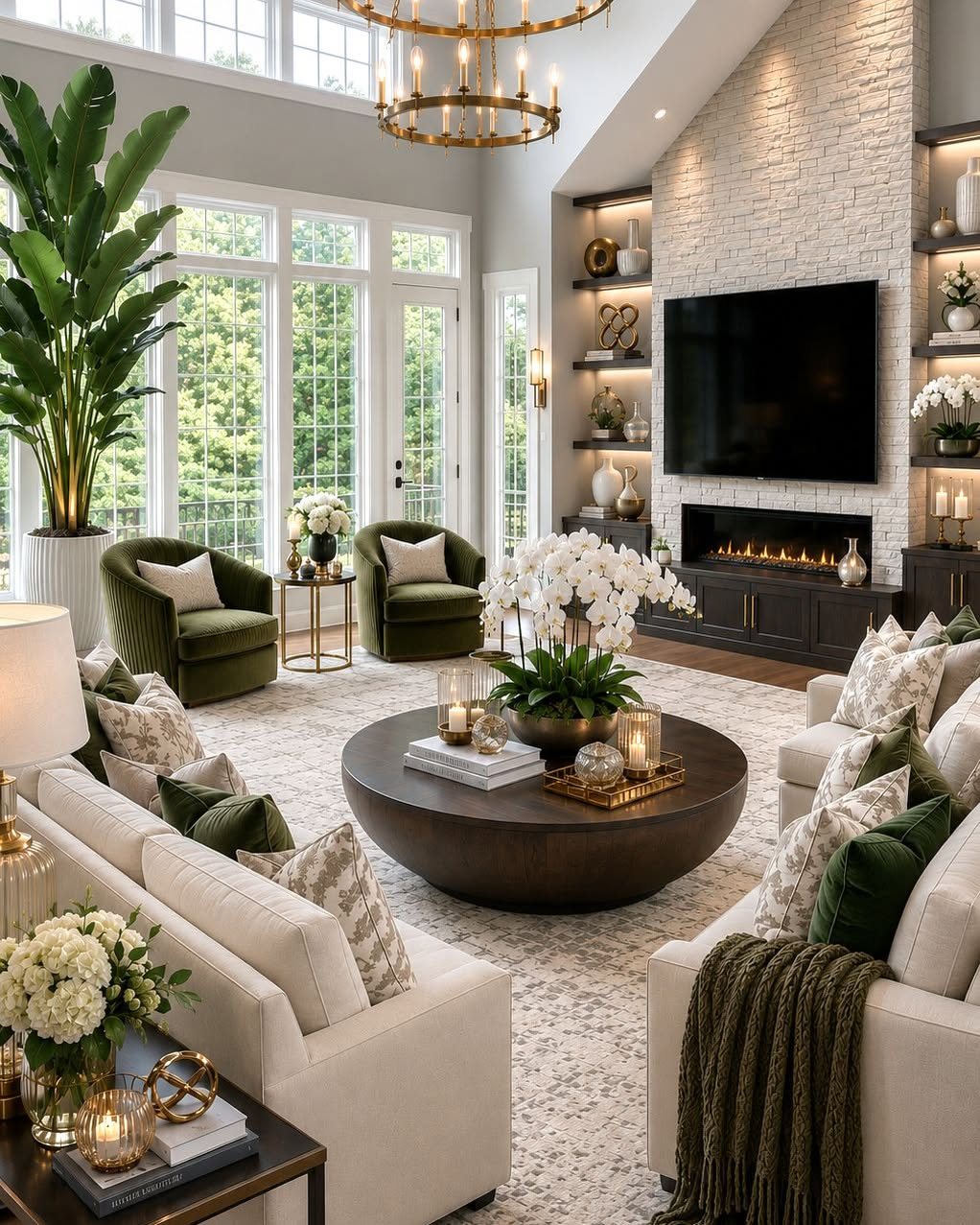 Luxury living room with cream sofas, green velvet chairs, and a white stone fireplace.