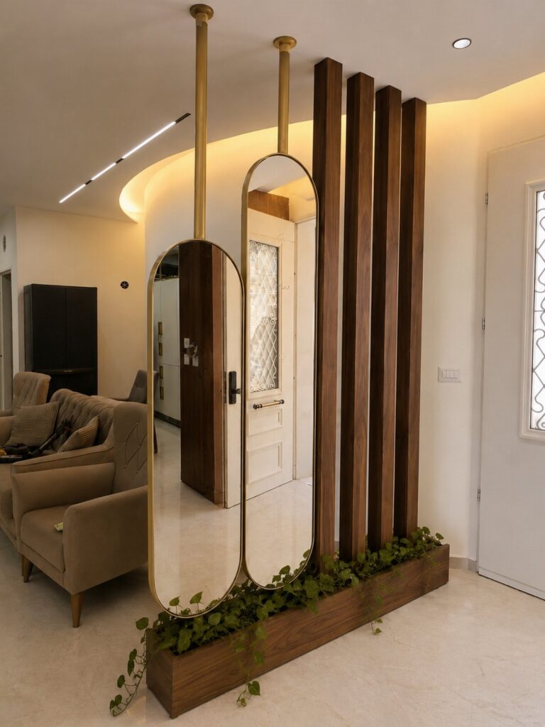 Vertical wood slats and oval gold mirrors serving as a luxury room divider.