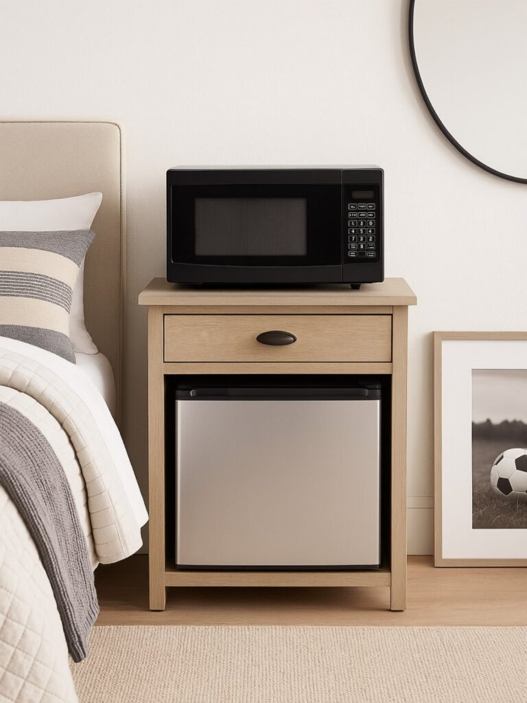 A light wood nightstand holding a black microwave with a silver mini fridge underneath.