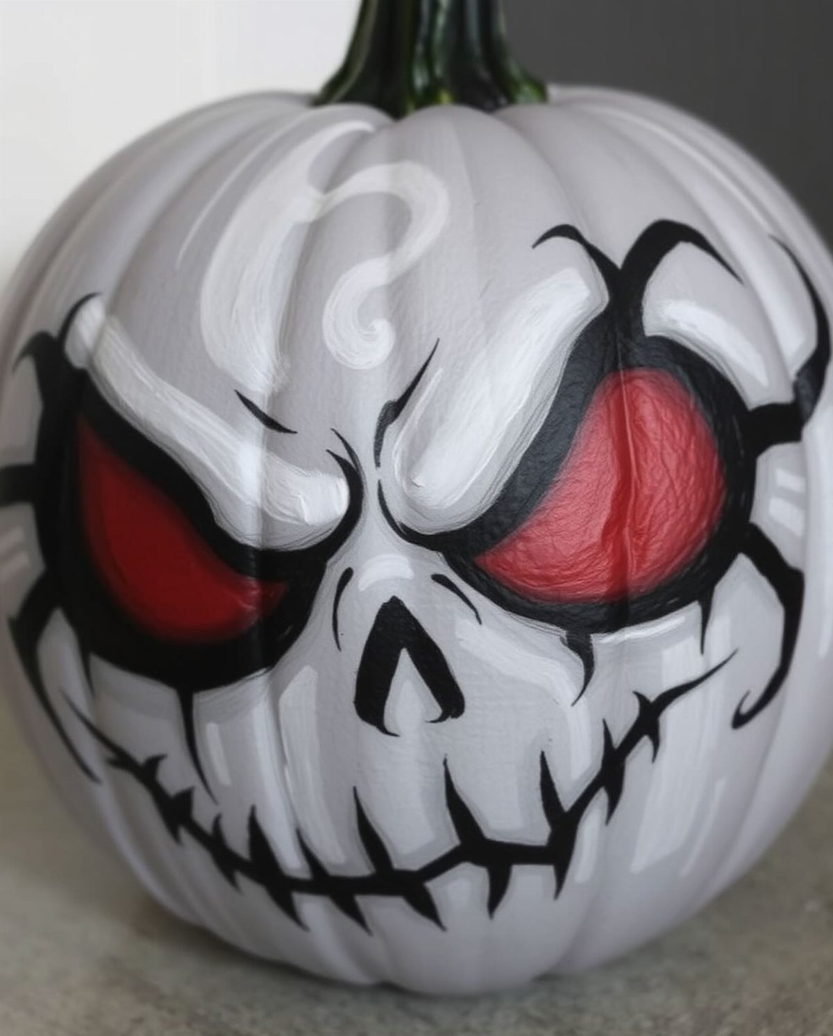 A white mini pumpkin painted with a spooky skull face and glowing red eyes.
