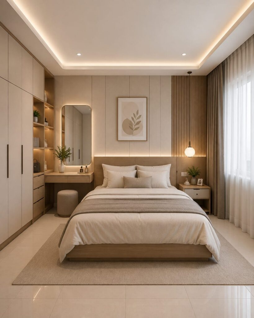 Minimalist bedroom with a beige platform bed, neutral decor, and soft warm ambient lighting.