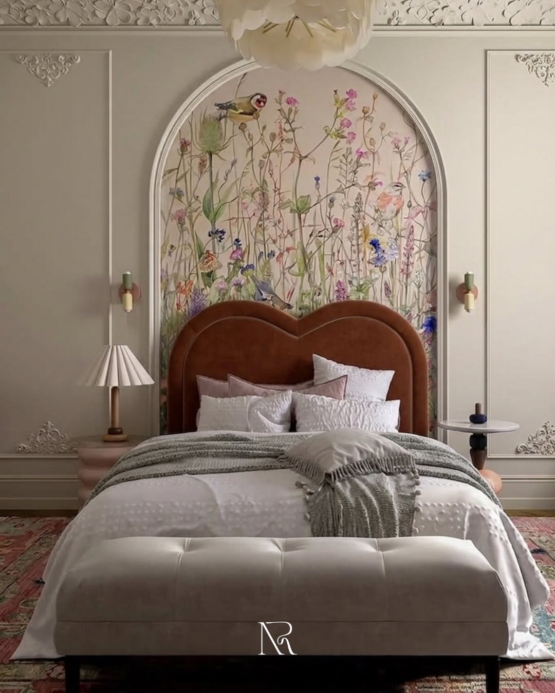 Modern bedroom with a heart-shaped headboard and large arched floral wallpaper mural behind the bed.