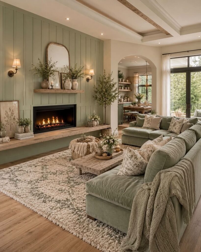 Sage green living room with a fireplace, plush sofas, and rustic wooden accents.