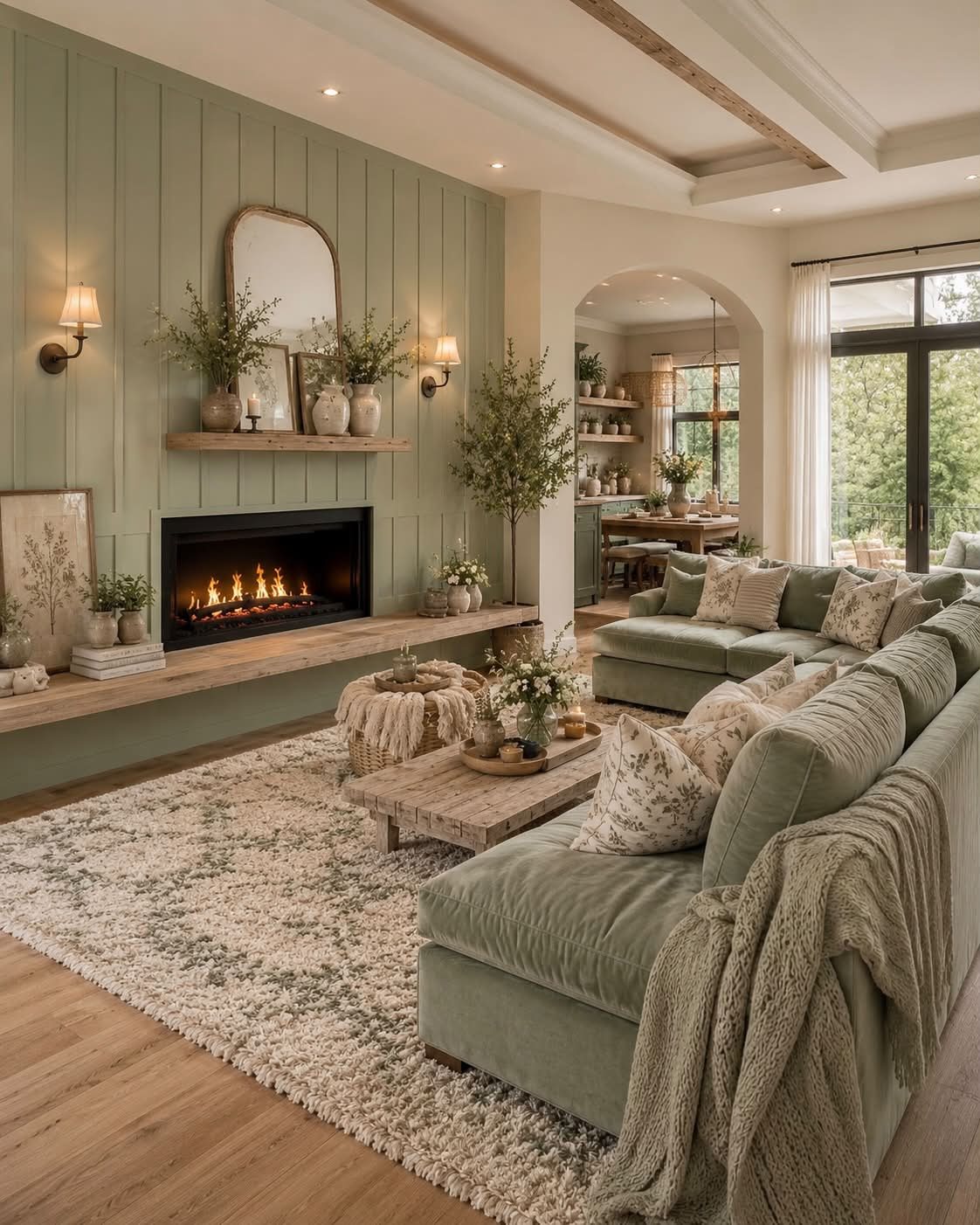 Sage green living room with a fireplace, plush sofas, and rustic wooden accents.