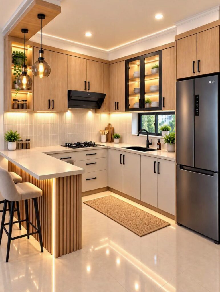 Modern kitchen with light wood cabinets, white countertops, and warm ambient lighting.