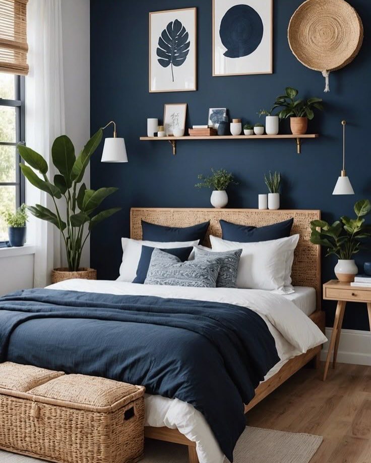 Navy blue bedroom featuring a wooden bed with woven textures and decorative wall art.