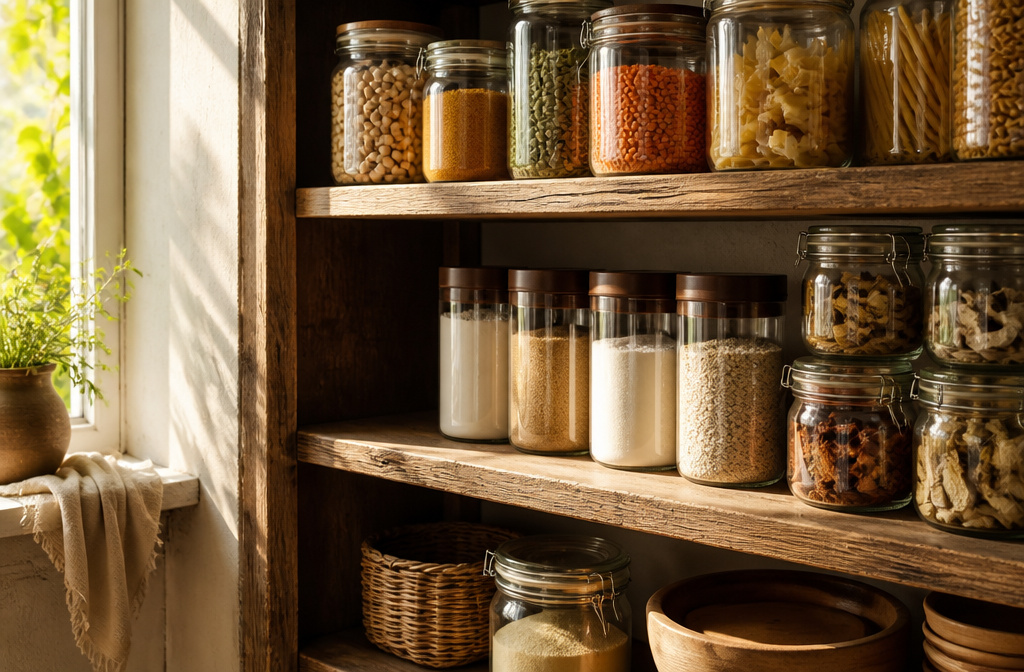 A bright pantry filled with neatly arranged containers and labeled shelves.