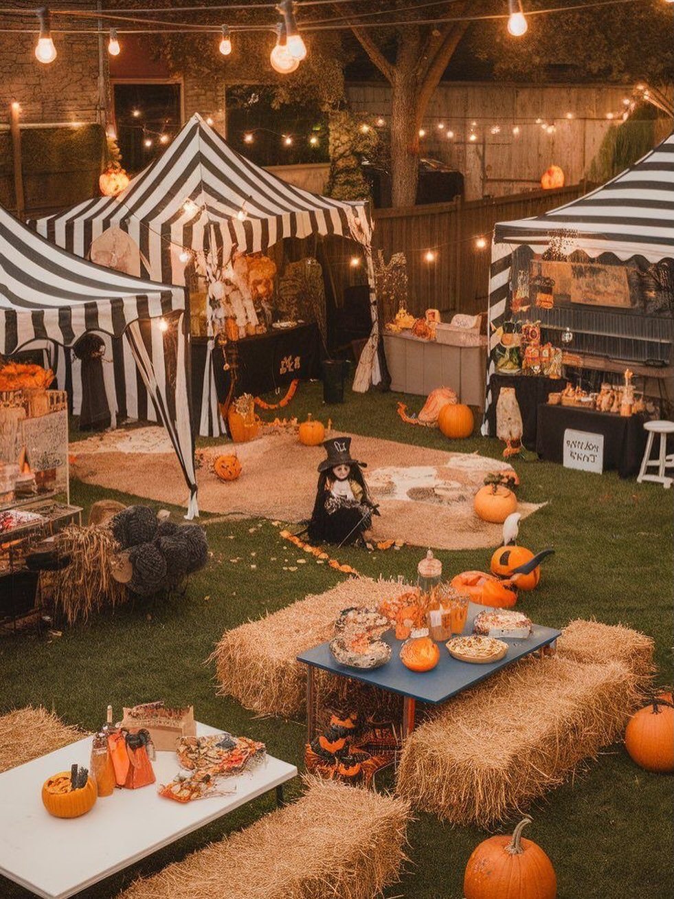 A decorated backyard with striped tents, hay bales, pumpkins, and string lights for a Halloween party.
