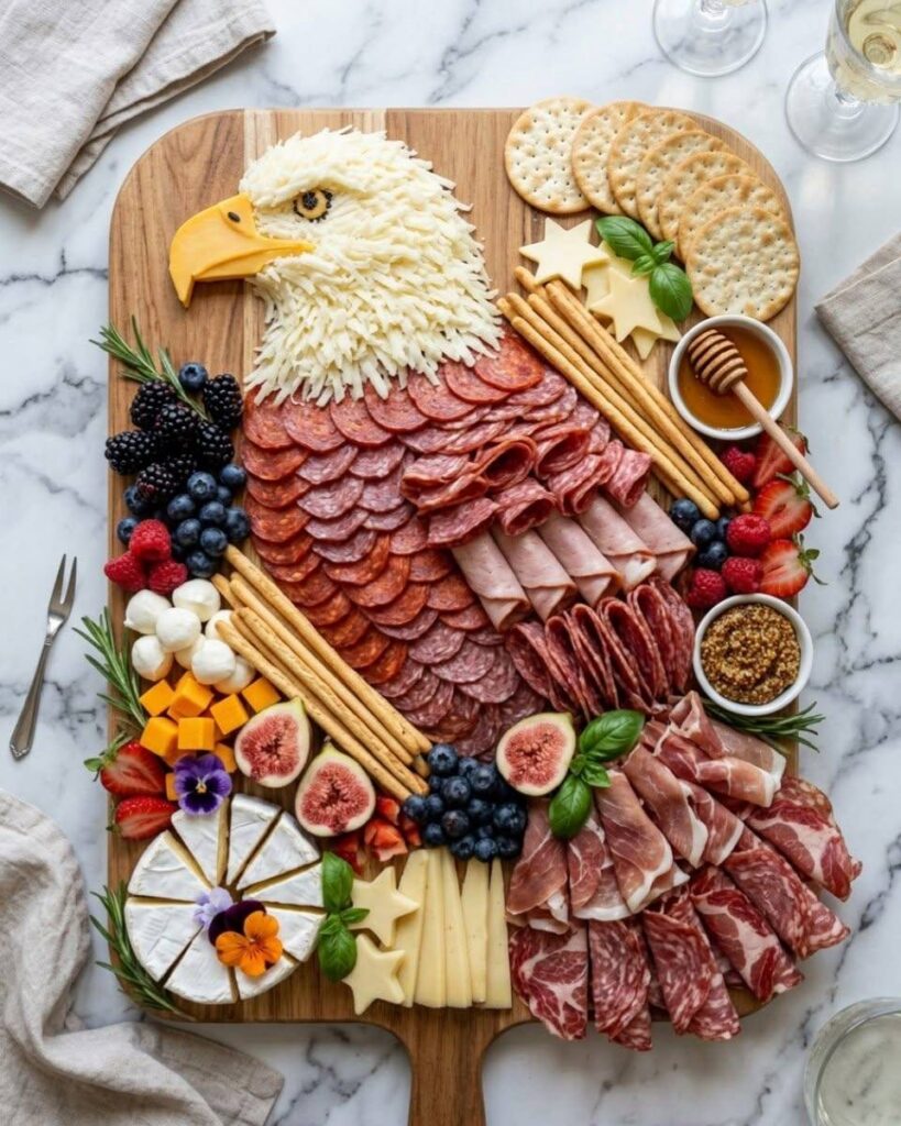 Charcuterie board arranged in the shape of a bald eagle with meats, cheeses, and fruits.
