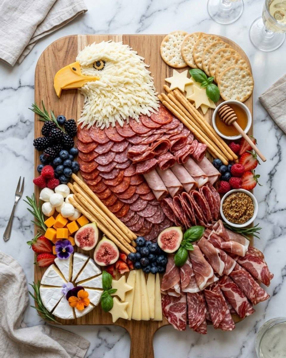 Charcuterie board arranged in the shape of a bald eagle with meats, cheeses, and fruits.