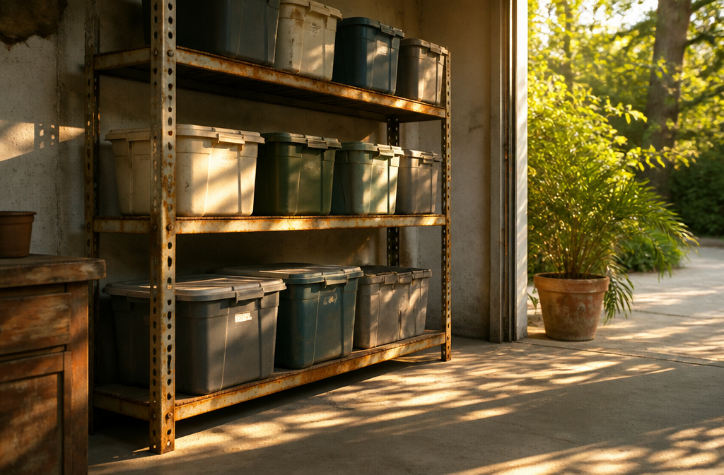 Different storage options like shelves, cabinets, and footlockers in a home setting.
