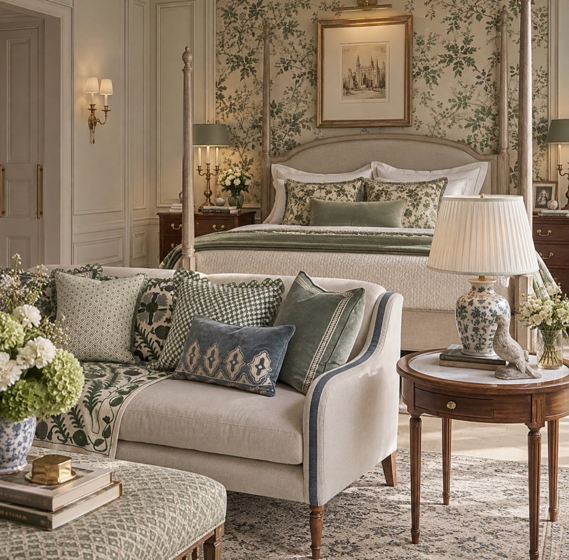 Elegant bedroom interior with a four-poster bed, floral wallpaper, and a comfortable chaise longue.