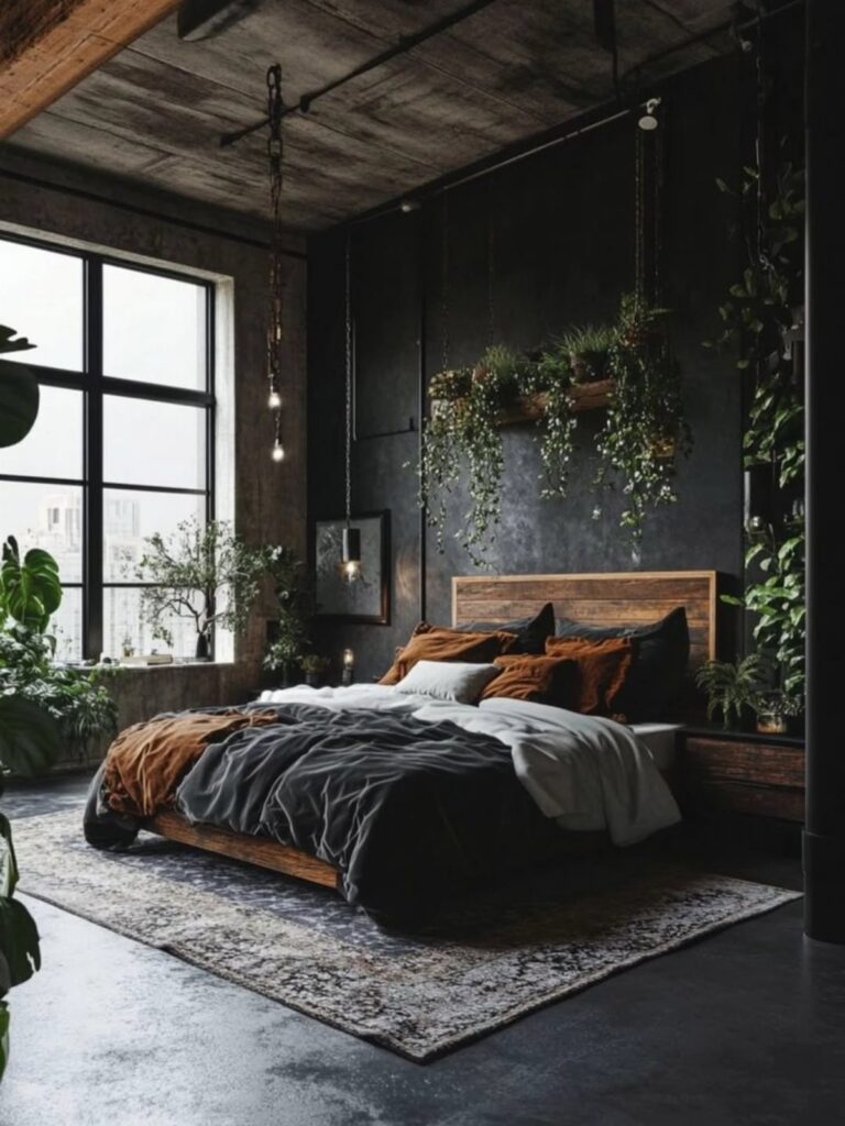A rustic bedroom with a wooden bed, dark walls, hanging plants, and a large window.