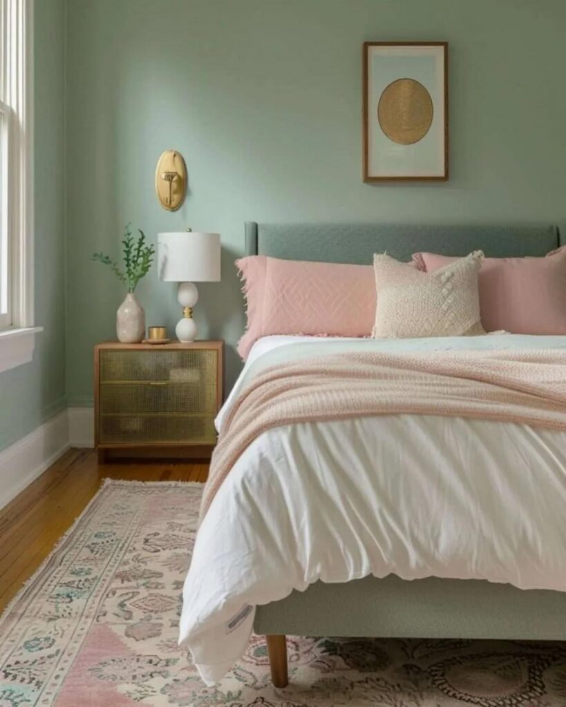 Sage green bedroom with a bed featuring pink pillows, white bedding, and a wooden nightstand.