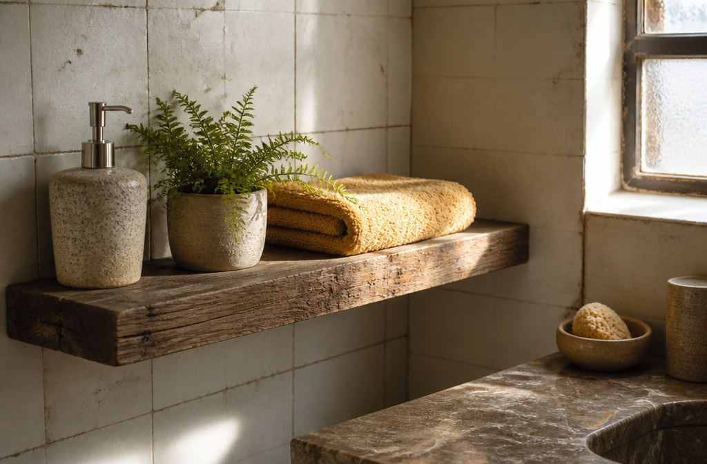 A modern shelf in a stylish bathroom featuring clean lines and minimal decor.