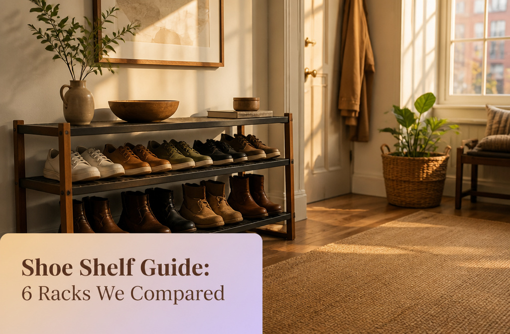 Different shoe racks displayed for comparison in an article.