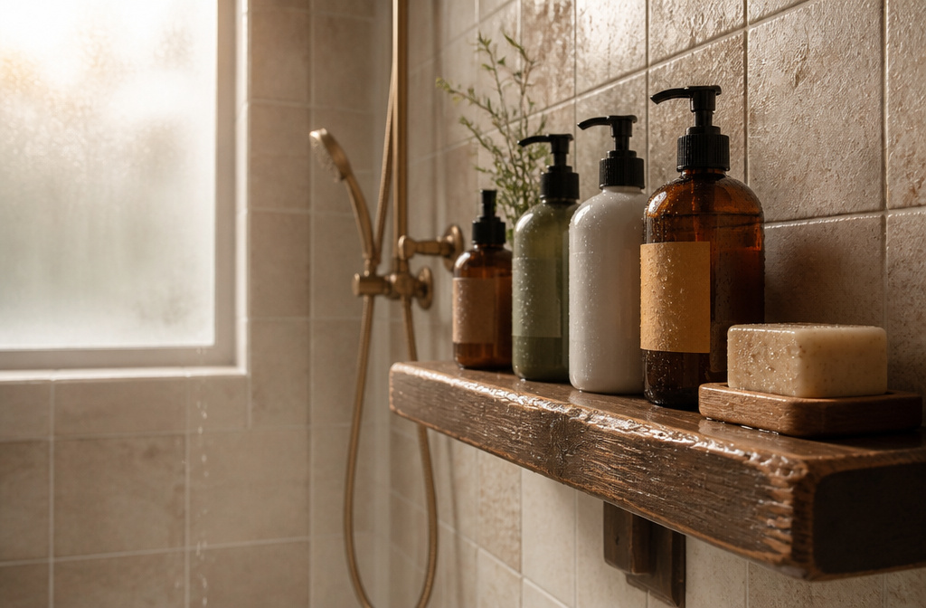 Different styles of shower shelves including corner, wall-mounted, and caddy types.