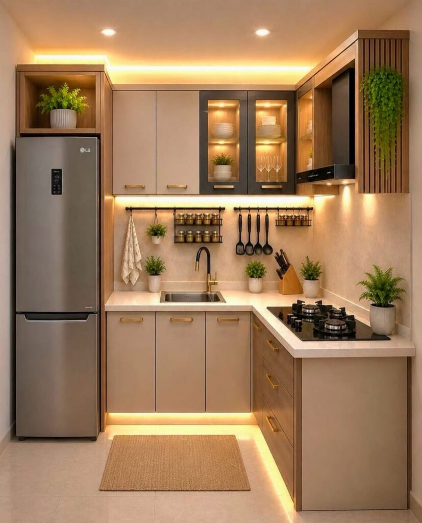 Modern kitchen with beige cabinets, glass-front shelves, and warm ambient lighting.