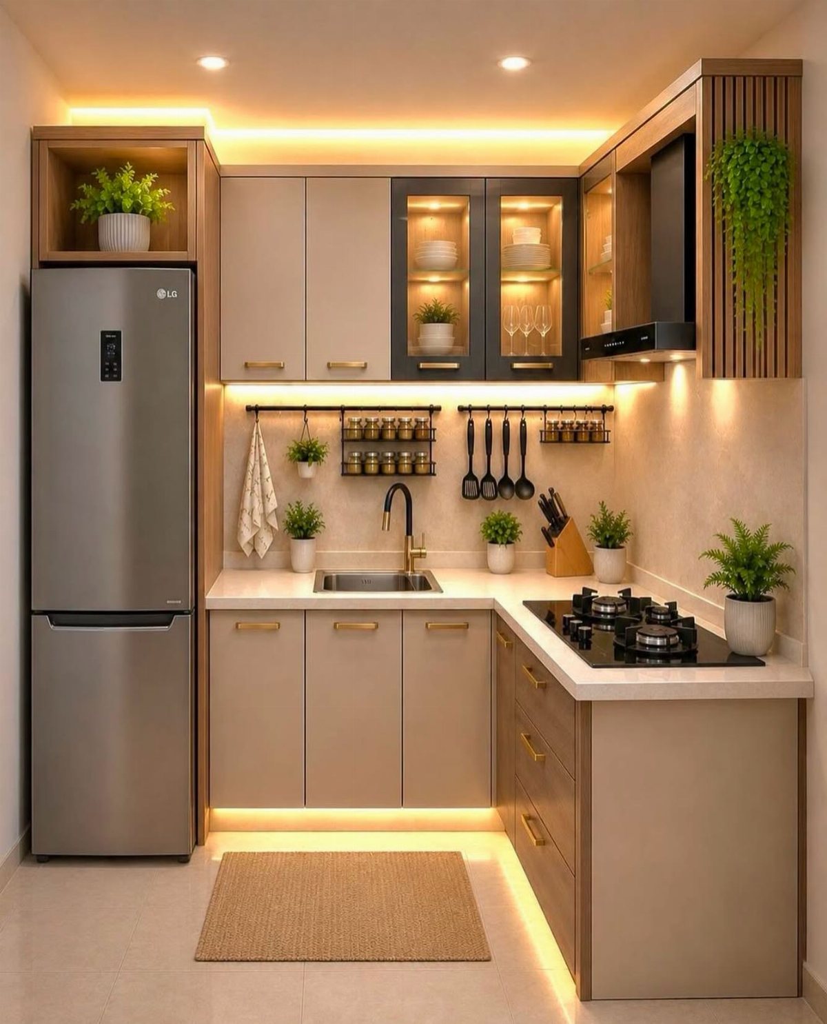 Modern kitchen with beige cabinets, glass-front shelves, and warm ambient lighting.