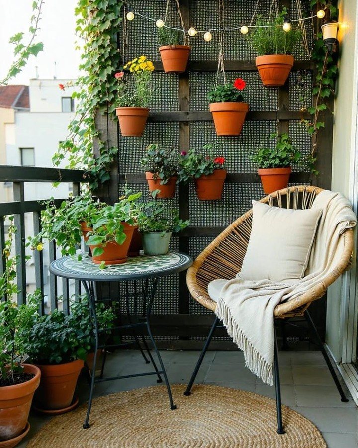 Decorated small balcony with a wicker chair, bistro table, and terracotta plants on a trellis.