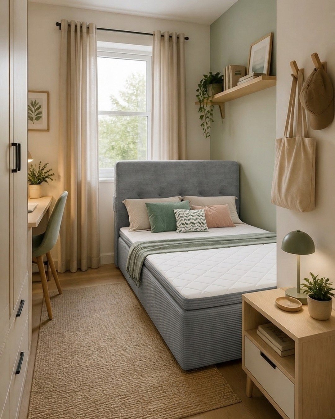 Small bedroom with a grey bed, wooden desk, floating shelf, and neutral colored textiles.
