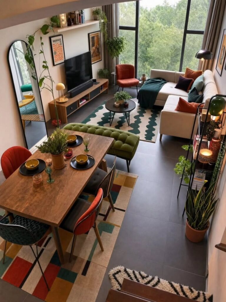 Modern small living room and dining area with colorful furniture and many green indoor plants.