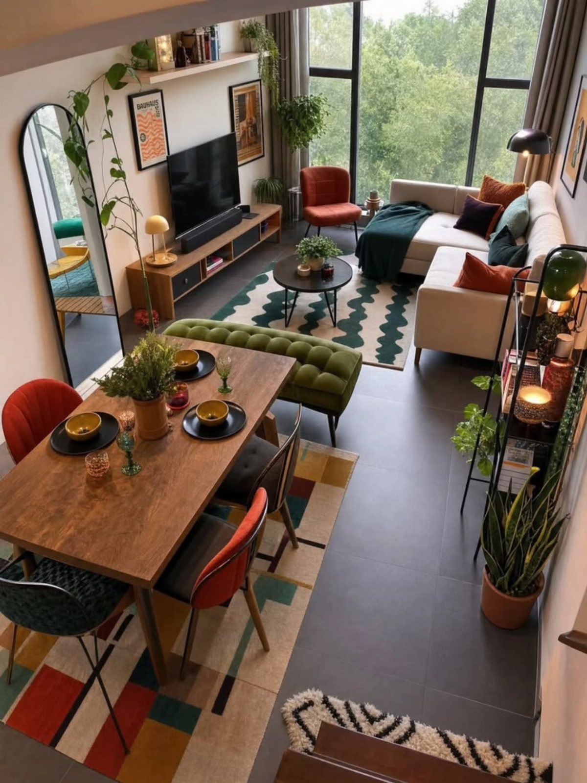 Modern small living room and dining area with colorful furniture and many green indoor plants.
