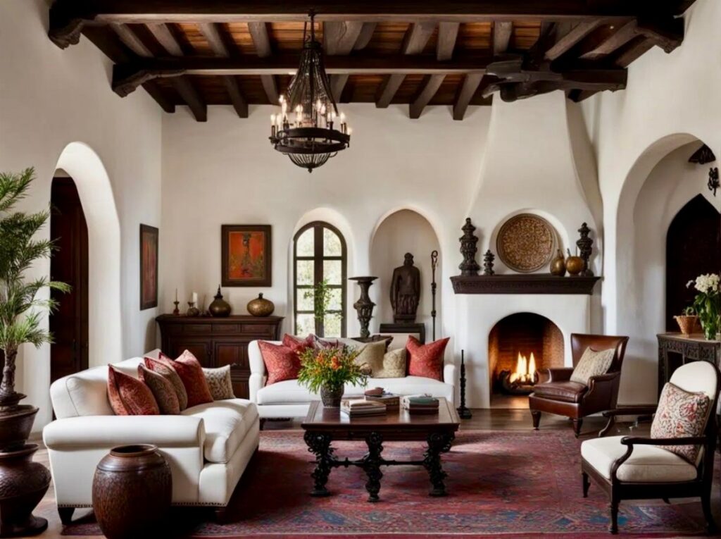 Spanish style living room with white walls, dark wood beams, and a cozy fireplace.