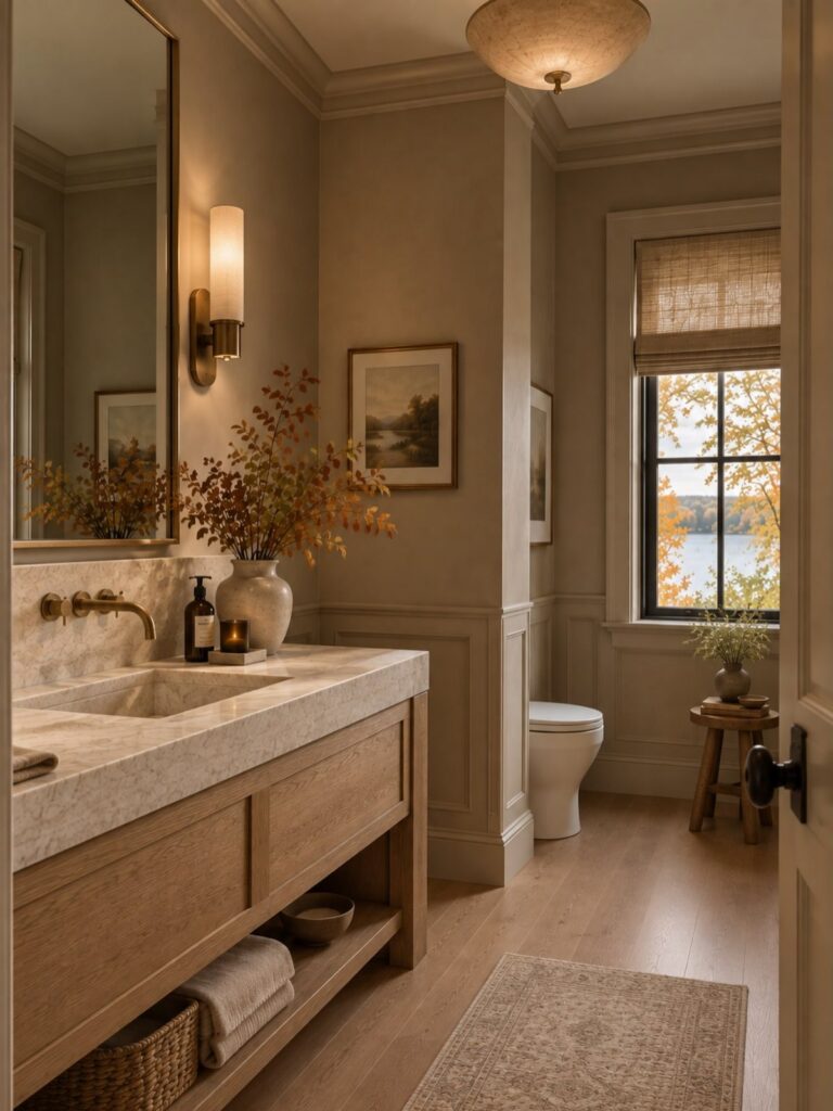 Taupe bathroom featuring a wooden vanity, marble countertop, gold fixtures, and warm ambient lighting.