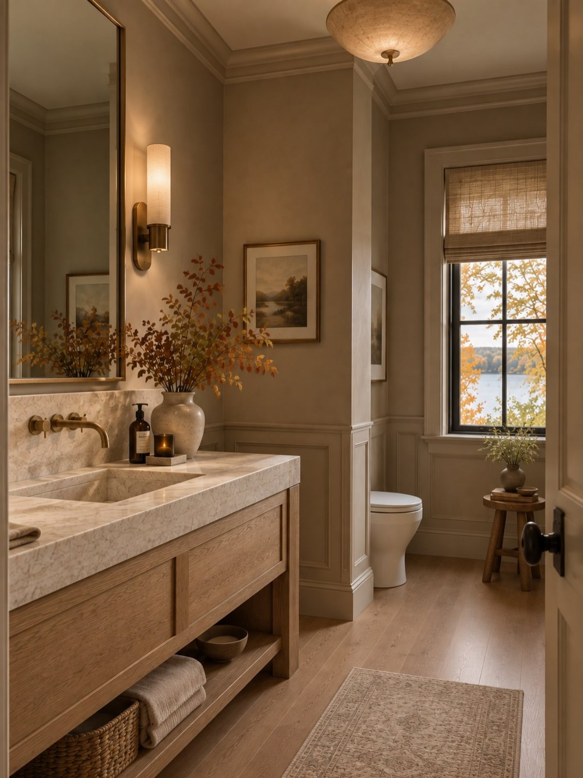 Taupe bathroom featuring a wooden vanity, marble countertop, gold fixtures, and warm ambient lighting.