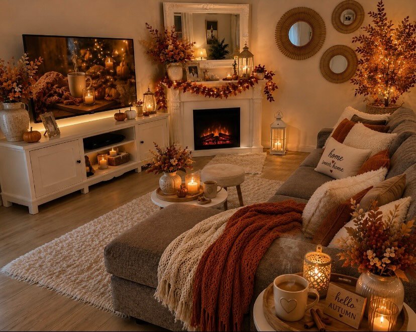 Cozy living room decorated with autumn foliage, warm lanterns, and orange themed pillows and blankets.