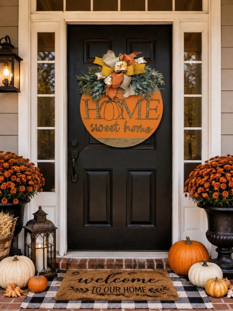 Decorated black front door with pumpkin wreath, orange mums, and pumpkins on a porch.