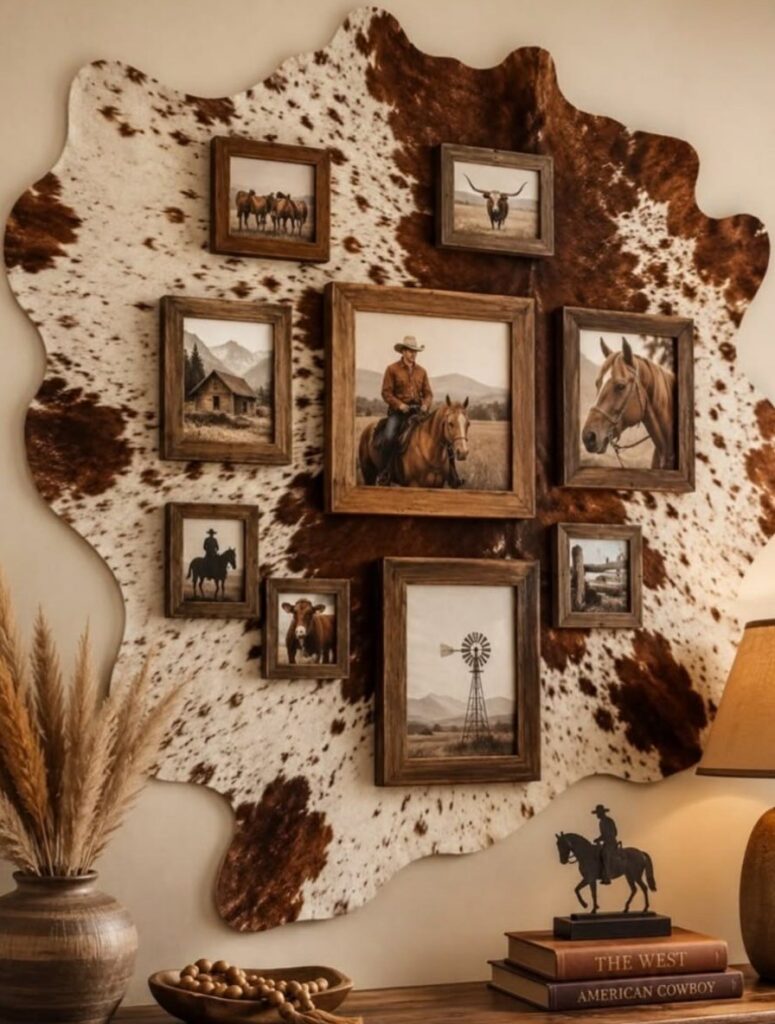 Gallery wall of western art framed on a large brown and white cowhide rug.