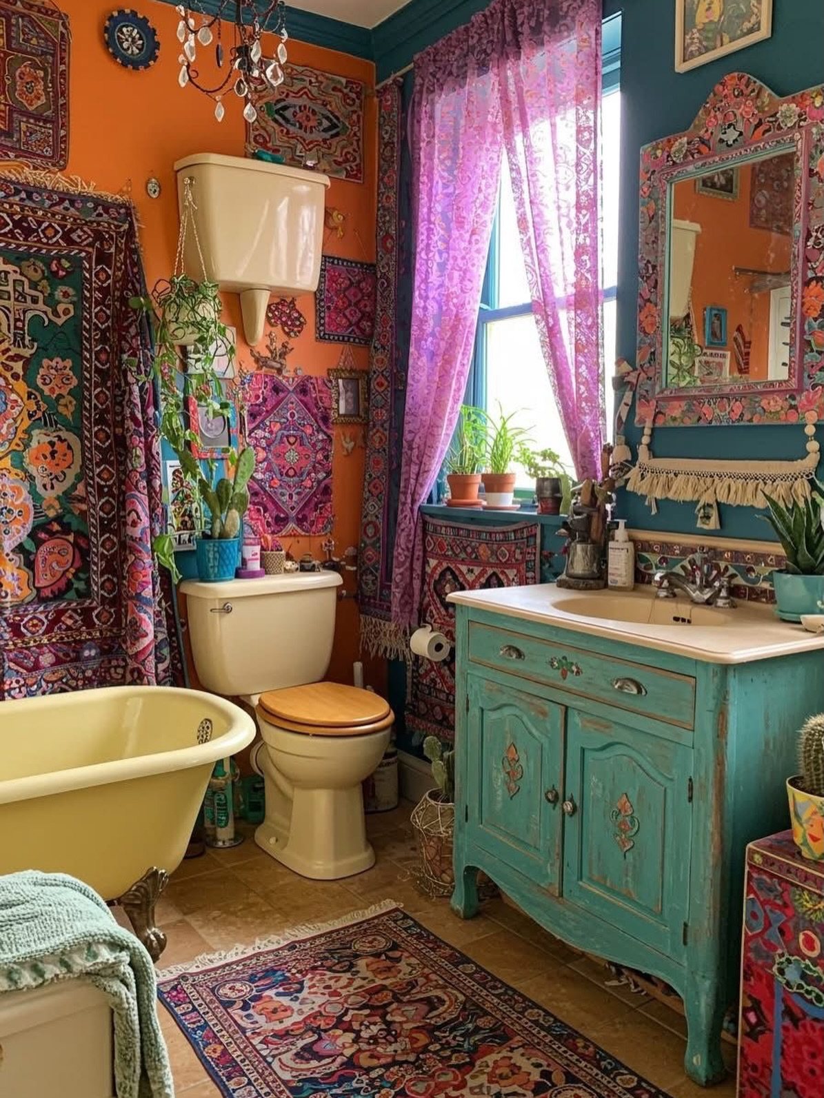 Maximalist bathroom with colorful tapestries, a teal vanity, and a cream clawfoot tub.