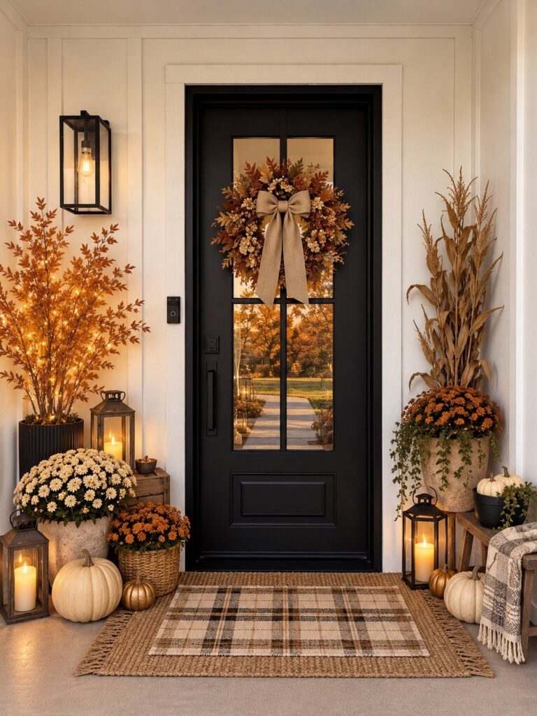 Decorated front porch with a black door, autumn wreath, pumpkins, lanterns, and potted flowers.