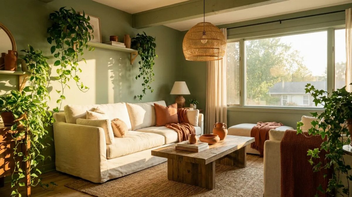 Sage green living room featuring a cream sofa, wooden coffee table, and many indoor plants.