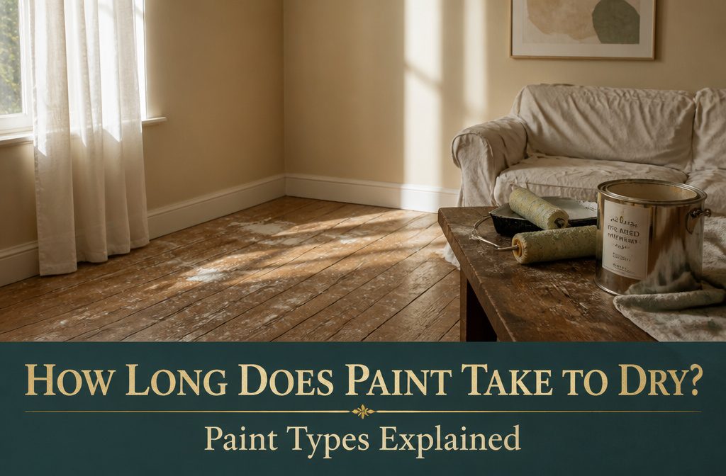 Living room with freshly painted pastel walls and a paint roller.