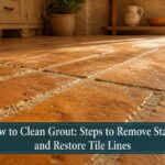 A clean bathroom tile floor with shiny grout lines and organized cleaning supplies.