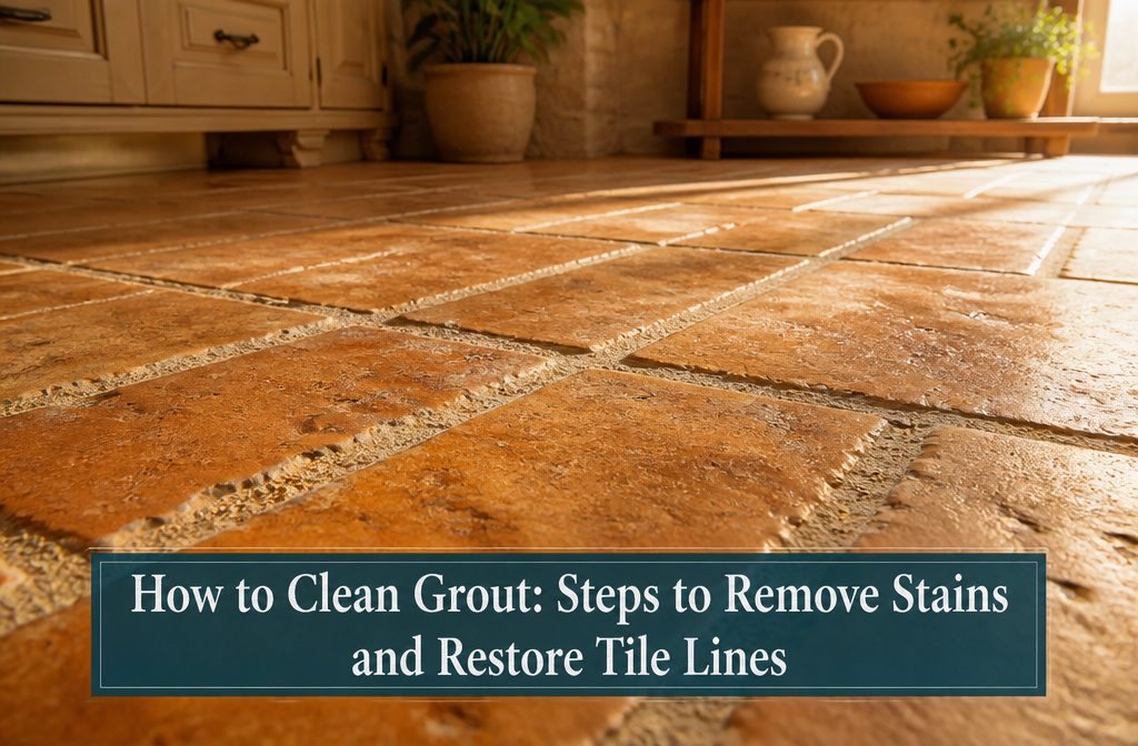 A clean bathroom tile floor with shiny grout lines and organized cleaning supplies.