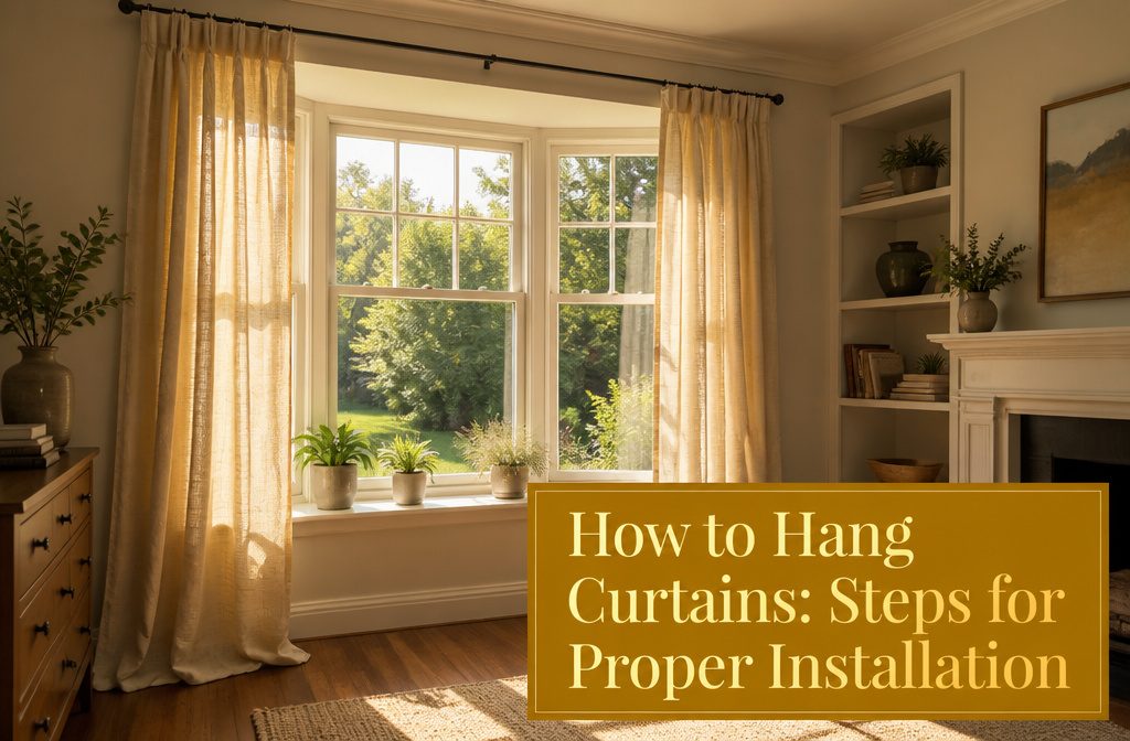 An elegantly decorated room with curtains hung above the windows.