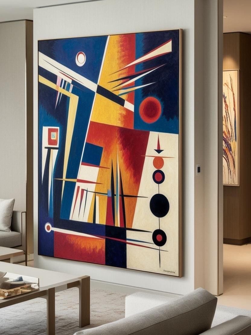 Large abstract geometric painting hanging on a white wall in a modern living room setting.