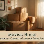 A warm living room with a mattress on the floor and unpacked boxes.