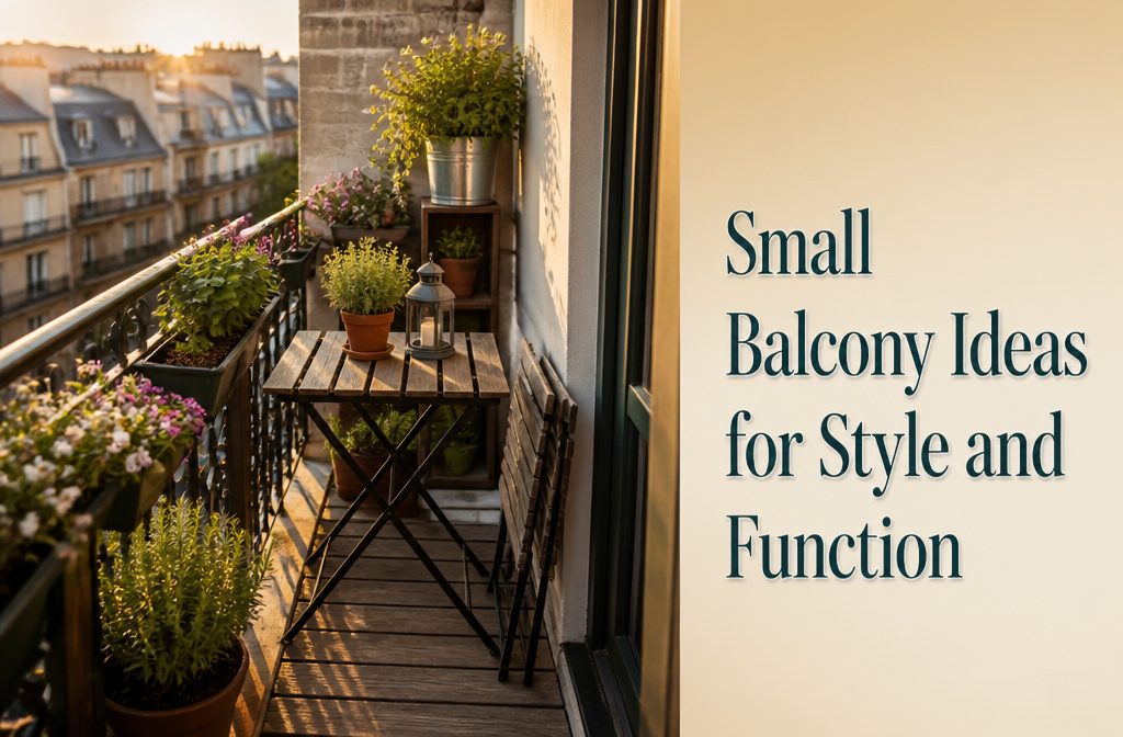 A small balcony with a bistro set, potted plants, and decorative lighting.